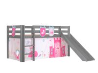 Spielbett Pino inkl. Rutsche mit Textilset Vorhang 3 Taschen "Princes", Kiefer massiv grau lackiert