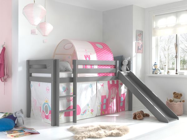 Spielbett Pino inkl. Rutsche mit Textilset Vorhang  Tunnel "Princes", Kiefer massiv grau lackiert