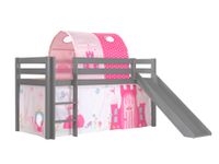 Spielbett Pino inkl. Rutsche mit Textilset Vorhang  Tunnel "Princes", Kiefer massiv grau lackiert