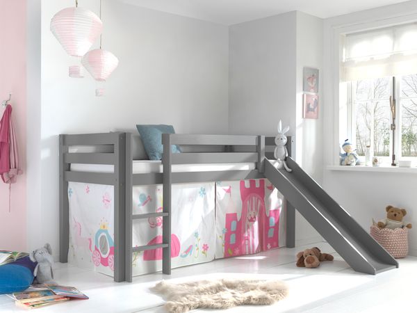 Spielbett Pino inkl. Rutsche mit Textilset Vorhang "Princes", Ausf. Kiefer massiv grau lackiert