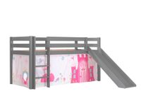 Spielbett Pino inkl. Rutsche mit Textilset Vorhang "Princes", Ausf. Kiefer massiv grau lackiert