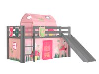 Spielbett Pino inkl. Rutsche mit Textilset Vorhang, Tunnel 3 Taschen "Spring", Kiefer grau lackiert