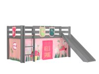 Spielbett Pino inkl. Rutsche mit Textilset Vorhang 3 Taschen "Spring", Kiefer massiv grau lackiert