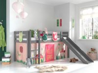Spielbett Pino inkl. Rutsche mit Textilset Vorhang und 3 Taschen "Spring", Ausf. Kiefer massiv grau lackiert