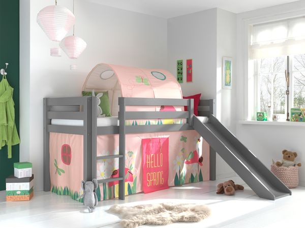 Spielbett Pino inkl. Rutsche mit Textilset Vorhang  Tunnel "Spring", Kiefer massiv grau lackiert