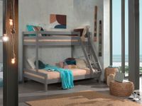 Familienbett Martin 90 x 200 und 140 x 200 cm, mit Leiter in Kiefer massiv grau