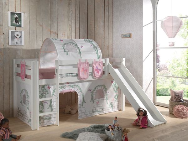 Spielbett Pino inkl. Rutsche mit Textilset Vorhang, Tunnel 3 Taschen "Birdy", Kiefer weiß lackiert