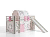 Spielbett Pino inkl. Rutsche mit Textilset Vorhang, Tunnel 3 Taschen "Birdy", Kiefer weiß lackiert