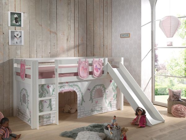 Spielbett Pino inkl. Rutsche mit Textilset Vorhang 3 Taschen "Birdy", Kiefer massiv weiß lackiert