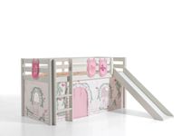 Spielbett Pino inkl. Rutsche mit Textilset Vorhang 3 Taschen "Birdy", Kiefer massiv weiß lackiert