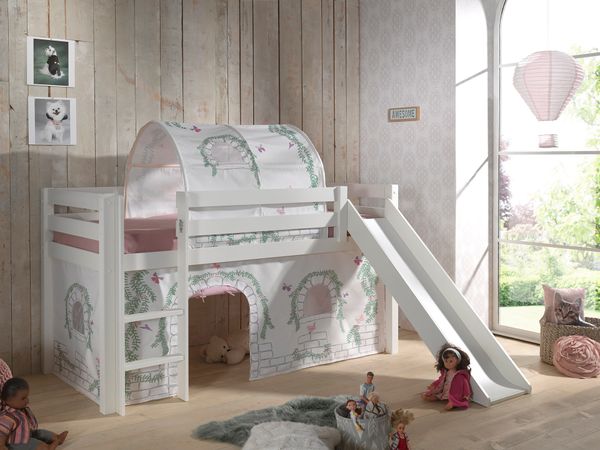 Spielbett Pino inkl. Rutsche mit Textilset Vorhang  Tunnel "Birdy", Kiefer massiv weiß lackiert