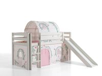 Spielbett Pino inkl. Rutsche mit Textilset Vorhang  Tunnel "Birdy", Kiefer massiv weiß lackiert
