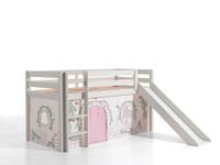 Spielbett Pino inkl. Rutsche mit Textilset Vorhang "Birdy", Ausf. Kiefer massiv weiß lackiert
