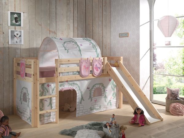 Spielbett Pino inkl. Rutsche mit Textilset Vorhang, Tunnel 3 Taschen "Birdy", Kiefer massiv natur