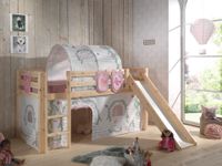 Spielbett Pino inkl. Rutsche mit Textilset Vorhang, Tunnel 3 Taschen "Birdy", Kiefer massiv natur