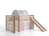 Spielbett Pino inkl. Rutsche mit Textilset Vorhang und Tunnel "Birdy", Ausf. Kiefer massiv natur