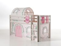 Spielbett Pino mit Textilset Vorhang, Tunnel 3 Taschen "Birdy", Kiefer massiv weiß lackiert