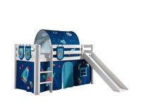 Spielbett Pino inkl. Rutsche mit Textilset Vorhang, Tunnel 3 Taschen "Astro", Kiefer weiß lackiert