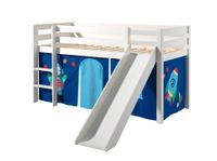 Spielbett Pino inkl. Rutsche mit Textilset Vorhang "Astro", Ausf. Kiefer massiv weiß lackiert