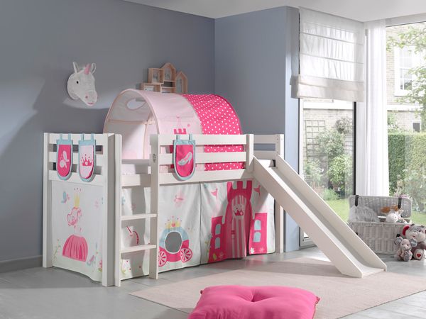 Spielbett Pino inkl. Rutsche mit Textilset Vorhang, Tunnel 3 Taschen "Princes", weiß lackiert