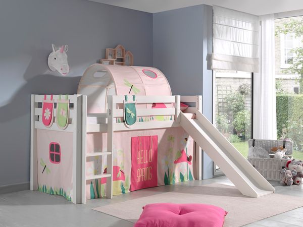Spielbett Pino inkl. Rutsche mit Textilset Vorhang, Tunnel 3 Taschen "Spring", weiß lackiert