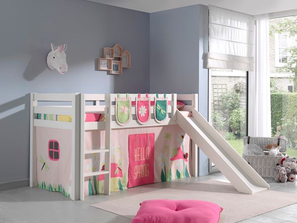 Spielbett Pino inkl. Rutsche mit Textilset Vorhang 3 Taschen "Spring", Kiefer massiv weiß lackiert