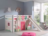 Spielbett Pino inkl. Rutsche mit Textilset Vorhang und 3 Taschen "Spring", Ausf. Kiefer massiv weiß lackiert