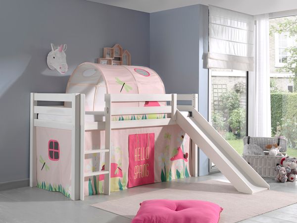 Spielbett Pino inkl. Rutsche mit Textilset Vorhang  Tunnel "Spring", Kiefer massiv weiß lackiert