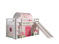 Spielbett Pino inkl. Rutsche mit Textilset Vorhang  Tunnel "Spring", Kiefer massiv weiß lackiert