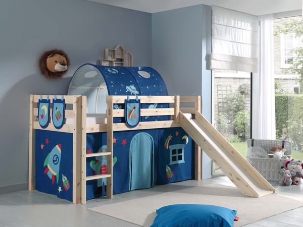 Spielbett Pino inkl. Rutsche mit Textilset Vorhang, Tunnel 3 Taschen "Astro", Kiefer massiv natur