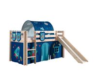 Spielbett Pino inkl. Rutsche mit Textilset Vorhang, Tunnel 3 Taschen "Astro", Kiefer massiv natur