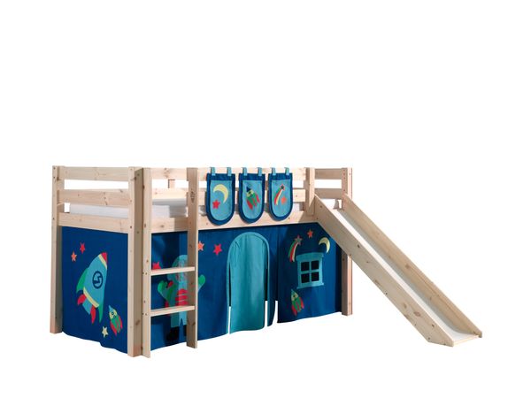 Spielbett Pino inkl. Rutsche mit Textilset Vorhang und 3 Taschen "Astro", Ausf. Kiefer massiv natur