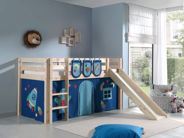 Spielbett Pino inkl. Rutsche mit Textilset Vorhang und 3 Taschen "Astro", Ausf. Kiefer massiv natur