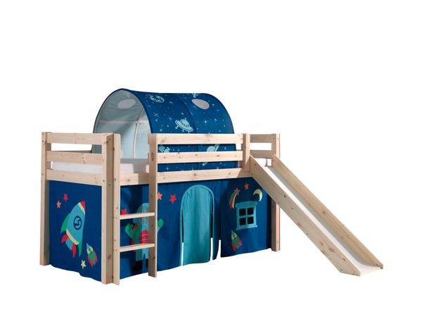 Spielbett Pino inkl. Rutsche mit Textilset Vorhang und Tunnel "Astro", Ausf. Kiefer massiv natur
