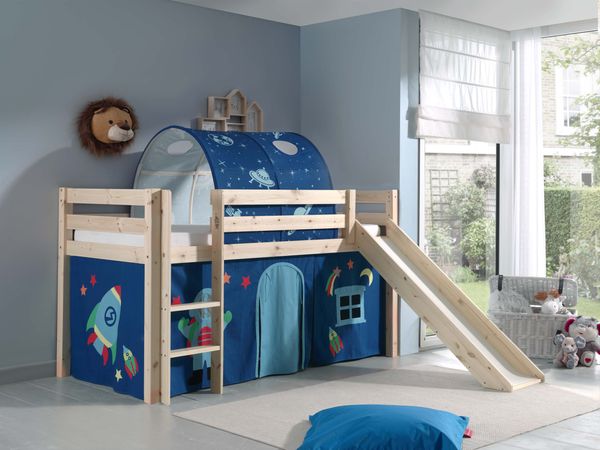 Spielbett Pino inkl. Rutsche mit Textilset Vorhang und Tunnel "Astro", Ausf. Kiefer massiv natur