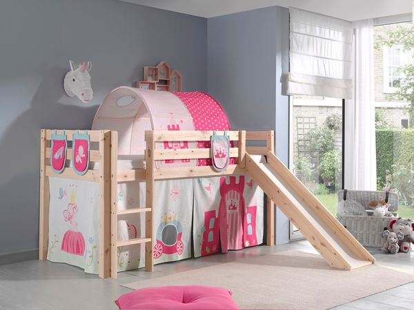 Spielbett Pino inkl. Rutsche mit Textilset Vorhang, Tunnel 3 Taschen "Princes", Kiefer massiv natur
