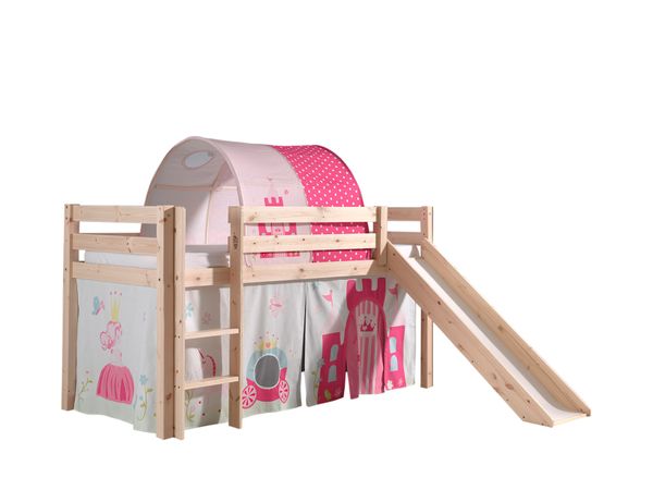 Spielbett Pino inkl. Rutsche mit Textilset Vorhang und Tunnel "Princes", Ausf. Kiefer massiv natur