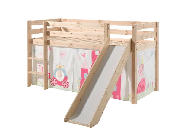 Spielbett Pino inkl. Rutsche mit Textilset Vorhang "Princes", Ausf. Kiefer massiv natur