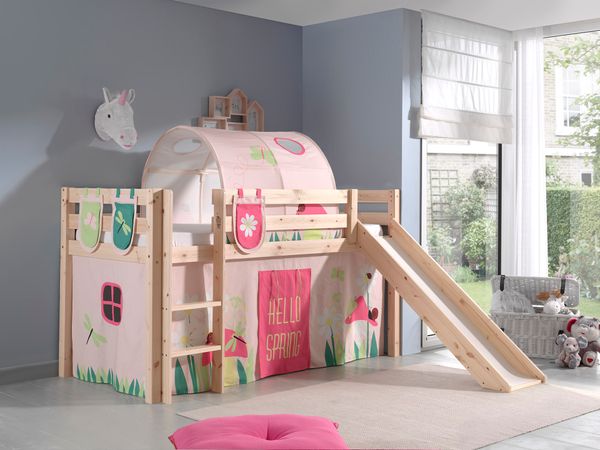 Spielbett Pino inkl. Rutsche mit Textilset Vorhang, Tunnel 3 Taschen "Spring", Kiefer massiv natur