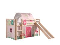 Spielbett Pino inkl. Rutsche mit Textilset Vorhang, Tunnel 3 Taschen "Spring", Kiefer massiv natur