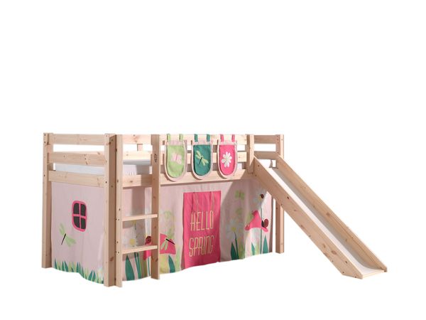 Spielbett Pino inkl. Rutsche mit Textilset Vorhang und 3 Taschen "Spring", Ausf. Kiefer massiv natur