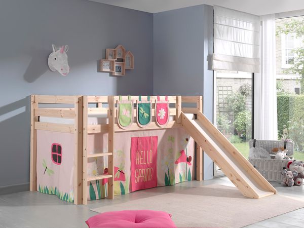 Spielbett Pino inkl. Rutsche mit Textilset Vorhang und 3 Taschen "Spring", Ausf. Kiefer massiv natur