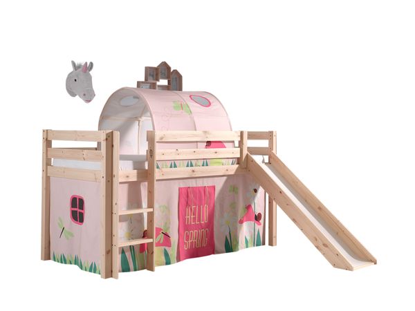 Spielbett Pino inkl. Rutsche mit Textilset Vorhang und Tunnel "Spring", Ausf. Kiefer massiv natur