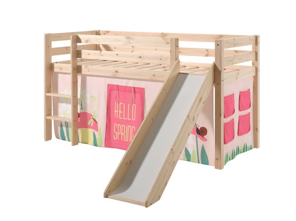 Spielbett Pino inkl. Rutsche mit Textilset Vorhang "Spring", Ausf. Kiefer massiv natur
