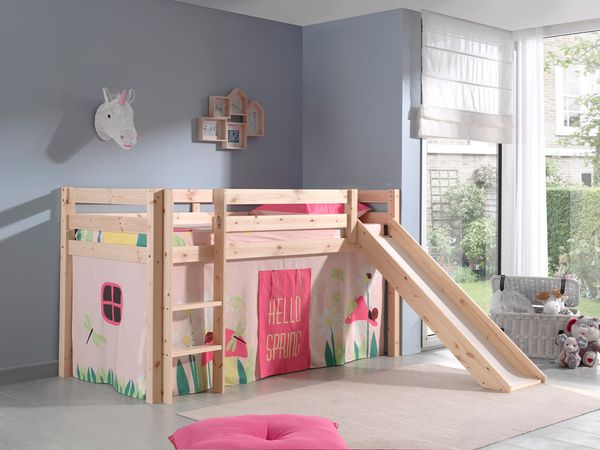 Spielbett Pino inkl. Rutsche mit Textilset Vorhang "Spring", Ausf. Kiefer massiv natur