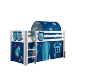 Spielbett Pino mit Textilset Vorhang, Tunnel 3 Taschen "Astro", Ausf. Kiefer massiv weiß lackiert