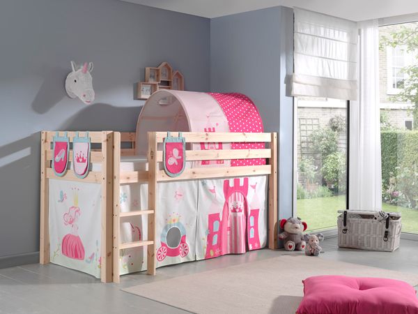 Spielbett Pino mit Textilset Vorhang, Tunnel und 3 Taschen "Princes", Ausf. Kiefer massiv natur