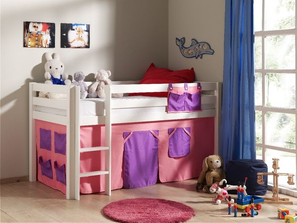 Spielbett Pino mit Textilset "Bella", Ausf. Kiefer massiv weiss lackiert