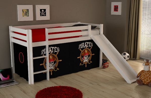 Spielbett Pino mit Rutsche und Textilset "Pirates", Ausf. Kiefer massiv weiß lackiert