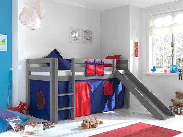 Spielbett Pino mit Rutsche und Textilset "Domino", Ausf. Kiefer massiv weiß lackiert